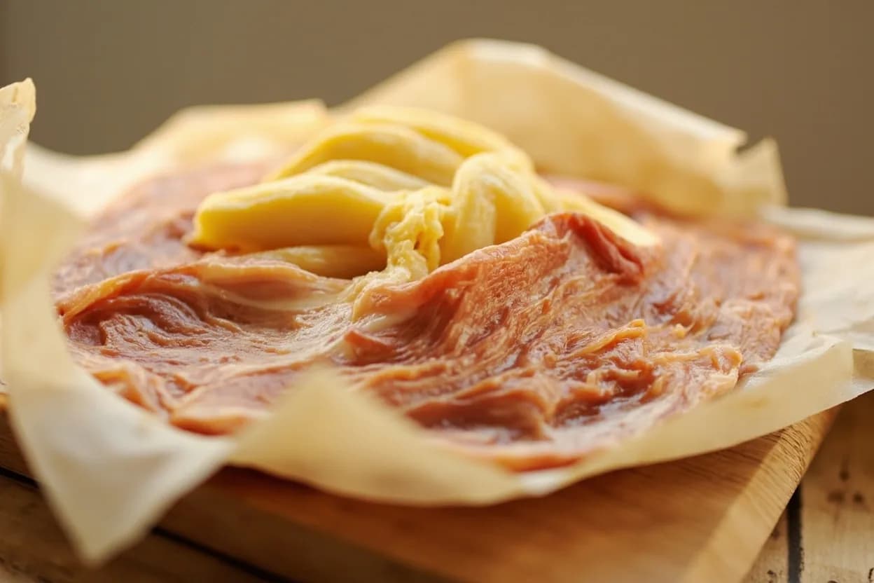 Hand-Torn Pasta (Strappare) in its raw whole-cut form on a butcher's board — Strappare (Italian: 'to tear') is the technique of pulling fresh egg-pasta sheets apart with the fingers rather than cutting them with a blade. Identifying traits: Irregular edges ranging from feathery thin to slightly thick — the hallmark of the technique, No two pieces are identical in shape or size, Torn borders absorb sauce more aggressively than cut edges due to increased surface roughness.