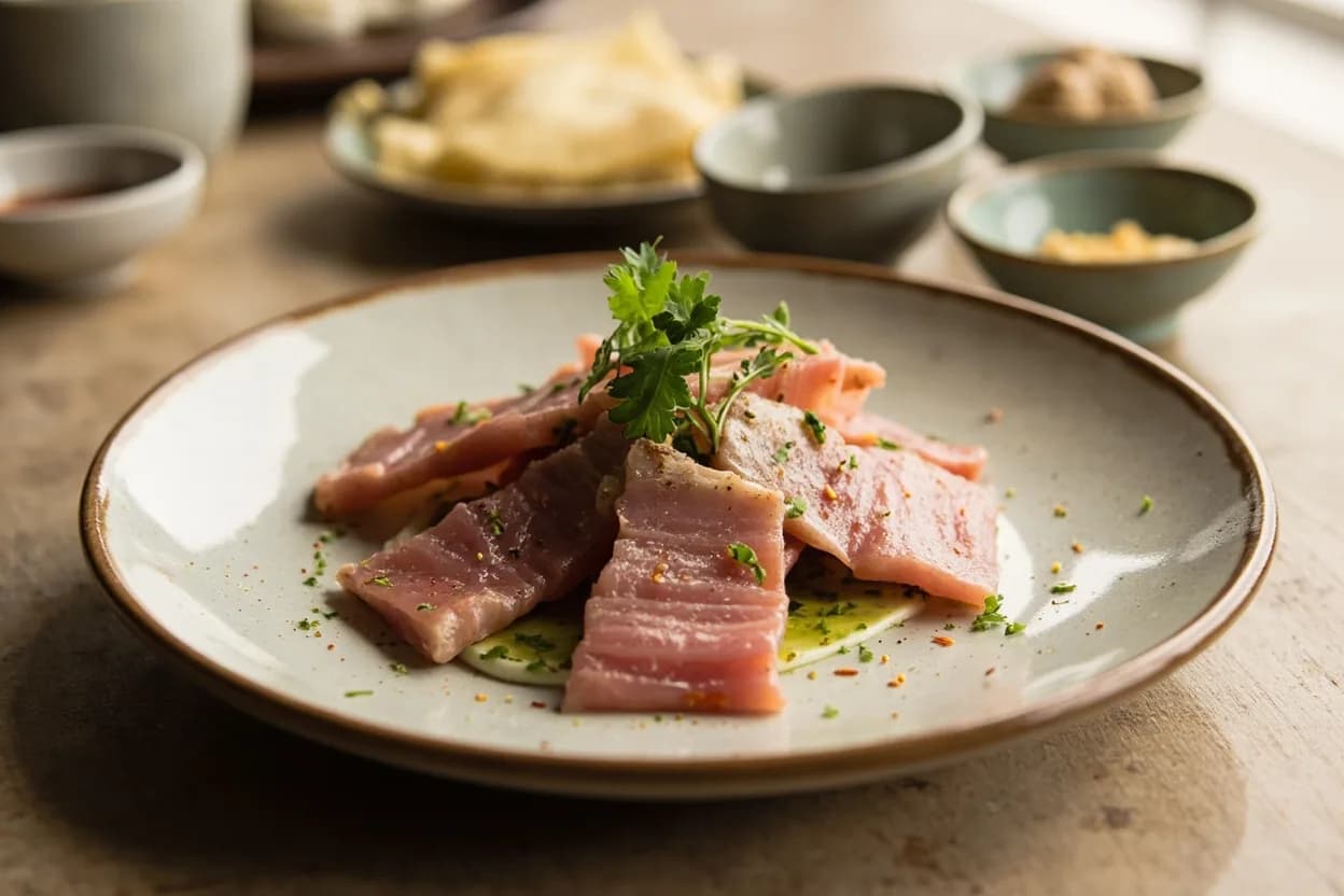 Hiki-zukuri (Pulled Tuna Slice) prepared the canonical way — Maguro sashimi. Begin with a chilled, dry saku block placed on a damp cutting board; chill the yanagiba blade if possible