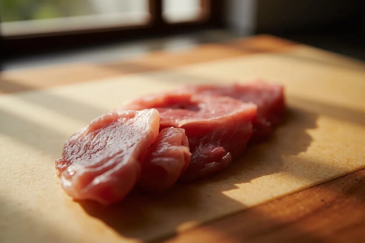 Hiki-zukuri (Pulled Tuna Slice) in its raw whole-cut form on a butcher's board — Hiki-zukuri is the foundational large-fish sashimi cut, performed by placing the blade near the heel of a yanagiba knife and drawing it the full length of the blade toward the body in one uninterrupt… Identifying traits: Long, rectangular cross-section with parallel top and bottom faces, Smooth cut surface — no saw marks, drag lines, or fiber damage, Thickness of 8–10 mm for standard presentation; up to 15 mm for otoro.
