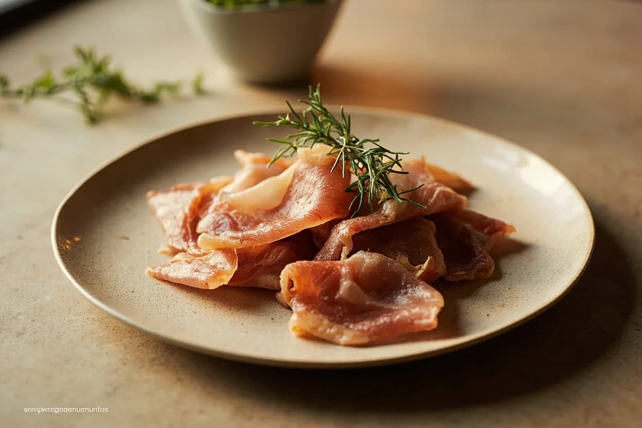 Ibérico Pig Primal Cuts prepared the canonical way — Jamón ibérico de bellota (sliced thin, eaten raw). Secreto: season with only salt and pepper — the fat carries enough flavor; grill over high heat to medium (60–62 °C core) and rest 5 minutes; slice against the grain of its broad sheet