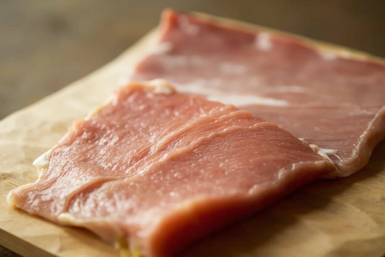 Ito-zukuri (Thread Cut for Delicate Fish) in its raw whole-cut form on a butcher's board — Ito-zukuri (糸造り, 'thread presentation') is the finest sashimi cut, producing strips as thin as 1–2 mm wide and 5–8 cm long that resemble silk thread. Identifying traits: Filaments 1–2 mm wide, up to 8 cm long, perfectly uniform along their length, Semi-translucent; when plated on a dark dish the strands reveal color variation in the flesh, High surface-area-to-mass ratio — strands cling lightly to ponzu, citrus, and fine garnish.