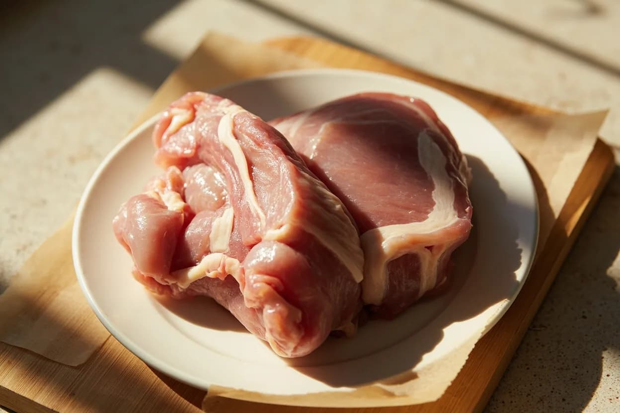 Japanese Honetsuki-Boning (Poultry) in its raw whole-cut form on a butcher's board — Honetsuki-boning (骨抜き解体) is the Japanese method of boning a chicken leg — or sometimes the whole bird — using a short, stiff, asymmetric honetsuki knife. Identifying traits: Skin remains in a single unbroken sheet — critical for crispy yakitori-style presentation, Flat butterflied shape ensures even, fast cooking over binchotan charcoal, No bone fragments, reducing dining risk.