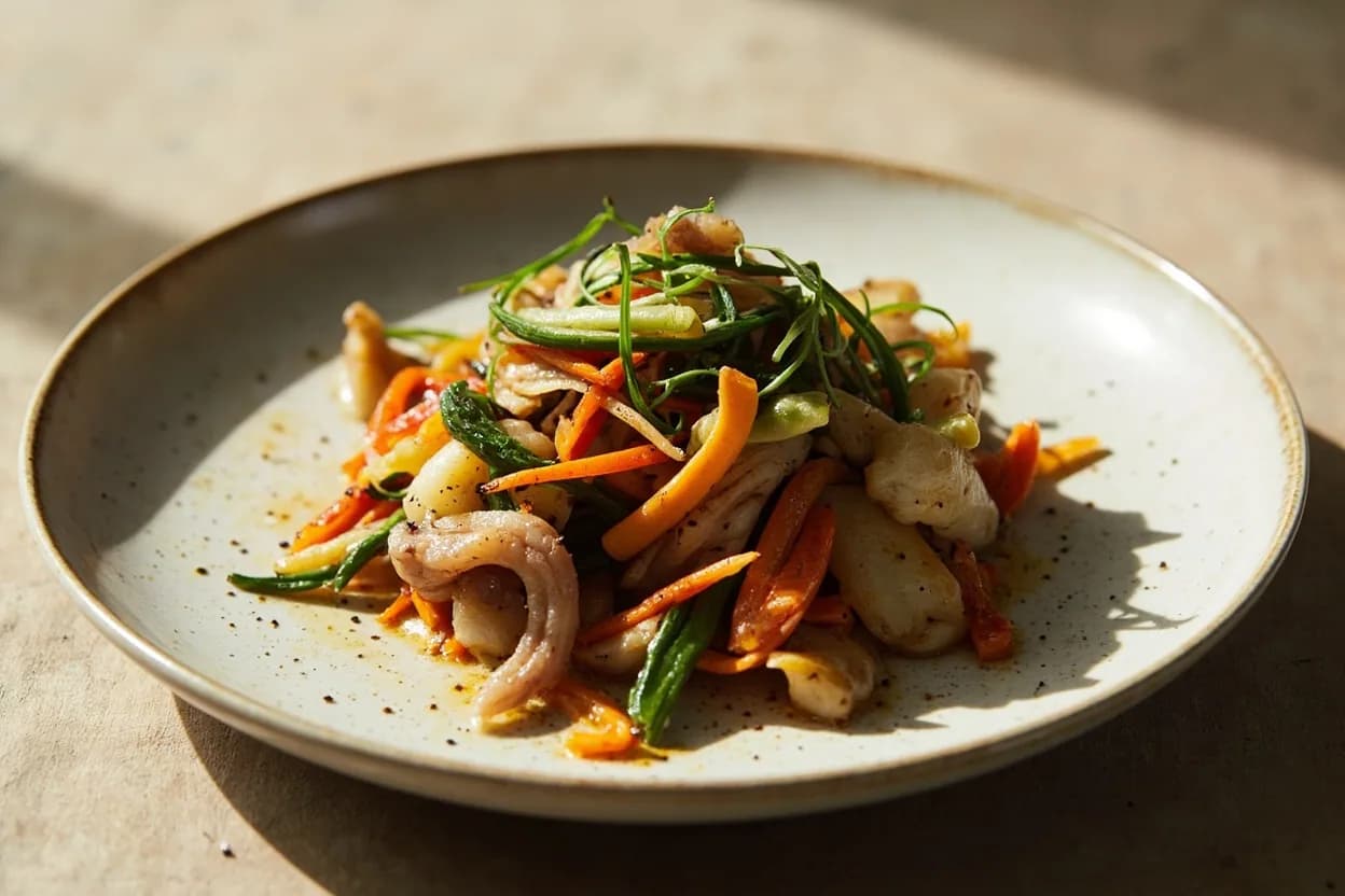 Julienne prepared the canonical way — Consommé julienne (classic French garnish soup). Square the vegetable: peel, top and tail, then cut flat planks 5–6 cm long and 3 mm thick — these are the batonnet dimension reduced.