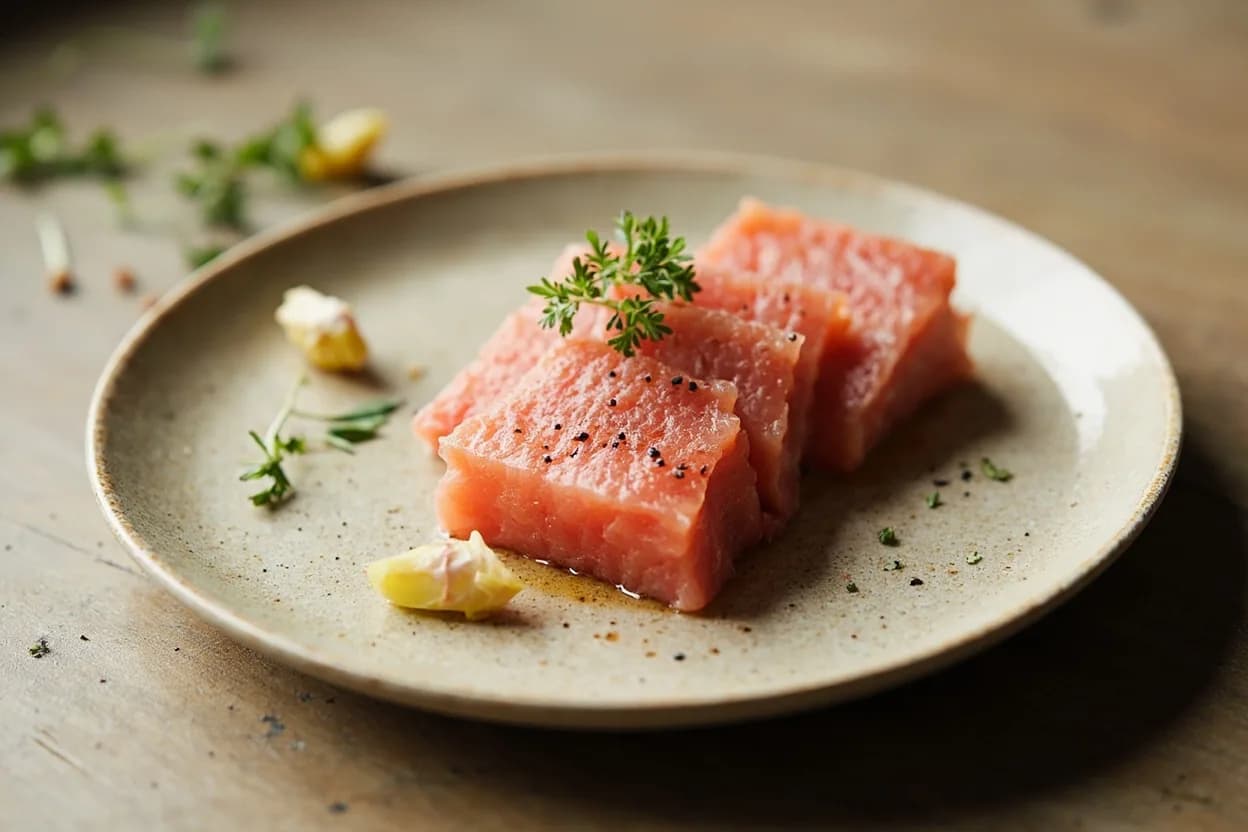 Kaku-zukuri (Block-Cut Sashimi) prepared the canonical way — Maguro sashimi (block style). Start with a squared, chilled saku on a clean dry board; the block must be a perfect rectangle to produce uniform cubes
