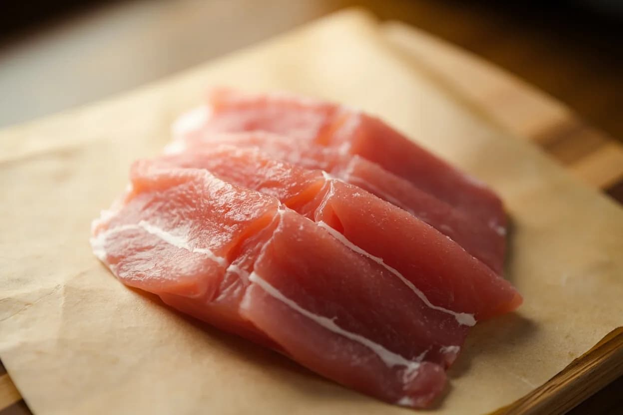 Kakushi-bocho (Hidden Score Cuts) in its raw whole-cut form on a butcher's board — Kakushi-bōchō (隠し包丁, 'hidden knife') is the practice of making shallow cuts on the underside — or interior face — of fish, fillets, or dense vegetables before cooking. Identifying traits: Invisible from the presentation side — cuts face down or inward, Shallow depth: typically one-third to half the thickness of the flesh, Parallel or cross-hatch pattern depending on anatomy and intended movement.