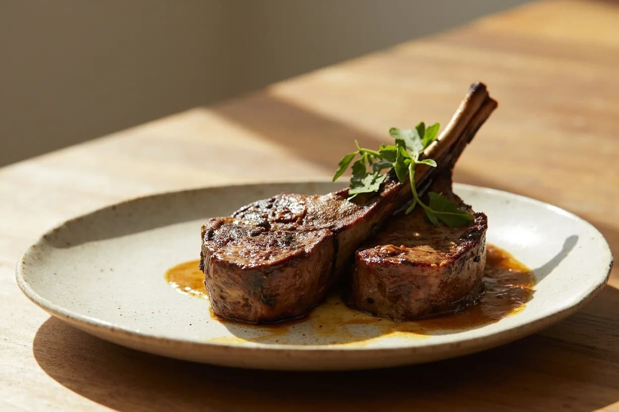 Lamb Loin Chop & Saddle prepared the canonical way — Selle d'agneau à la française (classic French roast saddle, often stuffed with herbs or kidney). For individual loin chops: bring to room temperature for 30 minutes; season generously with salt only before cooking.