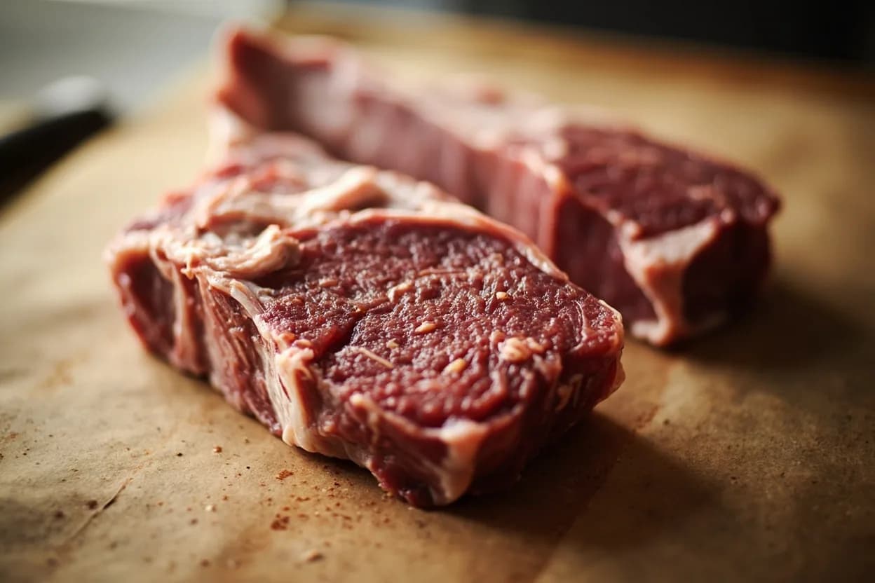 Lamb Loin Chop & Saddle in its raw whole-cut form on a butcher's board — The loin of the lamb runs between the last rib and the hip, spanning lumbar vertebrae L1–L6. Identifying traits: The T-bone architecture gives two textures on one chop: the firmer, beefier longissimus and the silky, mild tenderloin, Very quick to cook — individual chops are done in under 10 minutes, Fine-grained, elegant texture that rewards high-heat cooking and medium-rare service.