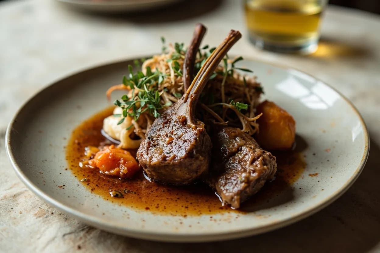 Lamb Primal Cuts prepared the canonical way — Whole roast lamb (asado de cordero, agneau de lait rôti). Neck (collo): braising, stewing, or slow-roasting; high collagen yields rich, gelatinous sauces. Yield roughly 8–10% of carcass weight.