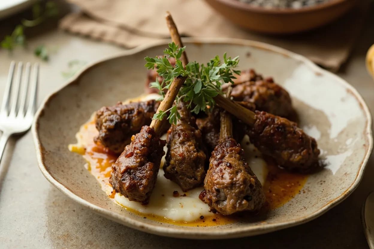 Lamb Riblets prepared the canonical way — Persian dandeh kabab (riblets on flat skewers over charcoal). Score the fat cap deeply in a 2 cm crosshatch through to the first layer of meat; this is essential to allow rendering and prevent the exterior from curling.