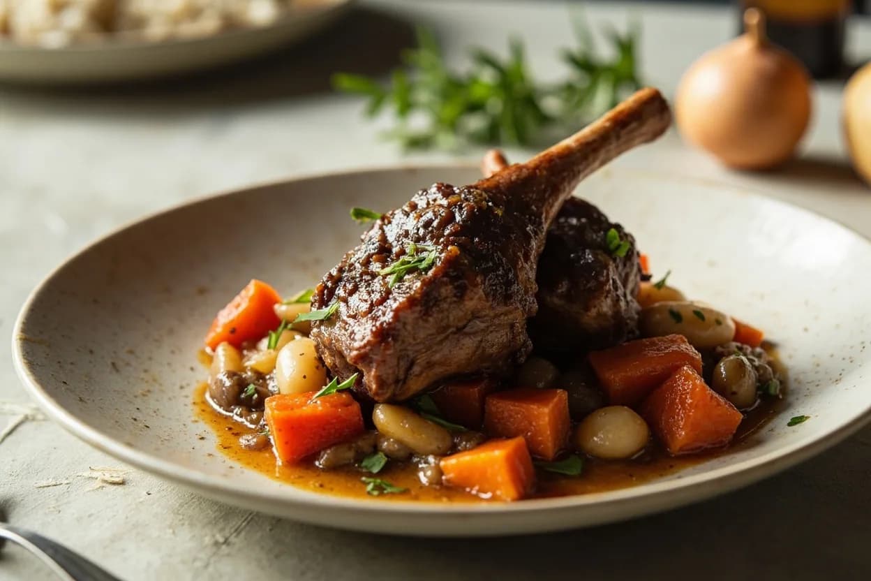 Lamb Shank prepared the canonical way — Persian abgoosht (lamb shank and chickpea broth). French-trim the bone by scoring the meat 4–5 cm from the knuckle and scraping it clean with the back of a knife — purely aesthetic but striking on the plate.