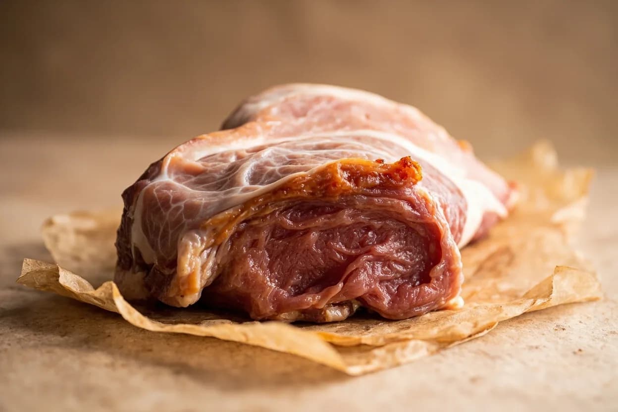 Where the lardons lives on the source. Pork belly (poitrine) — cured and usually smoked.