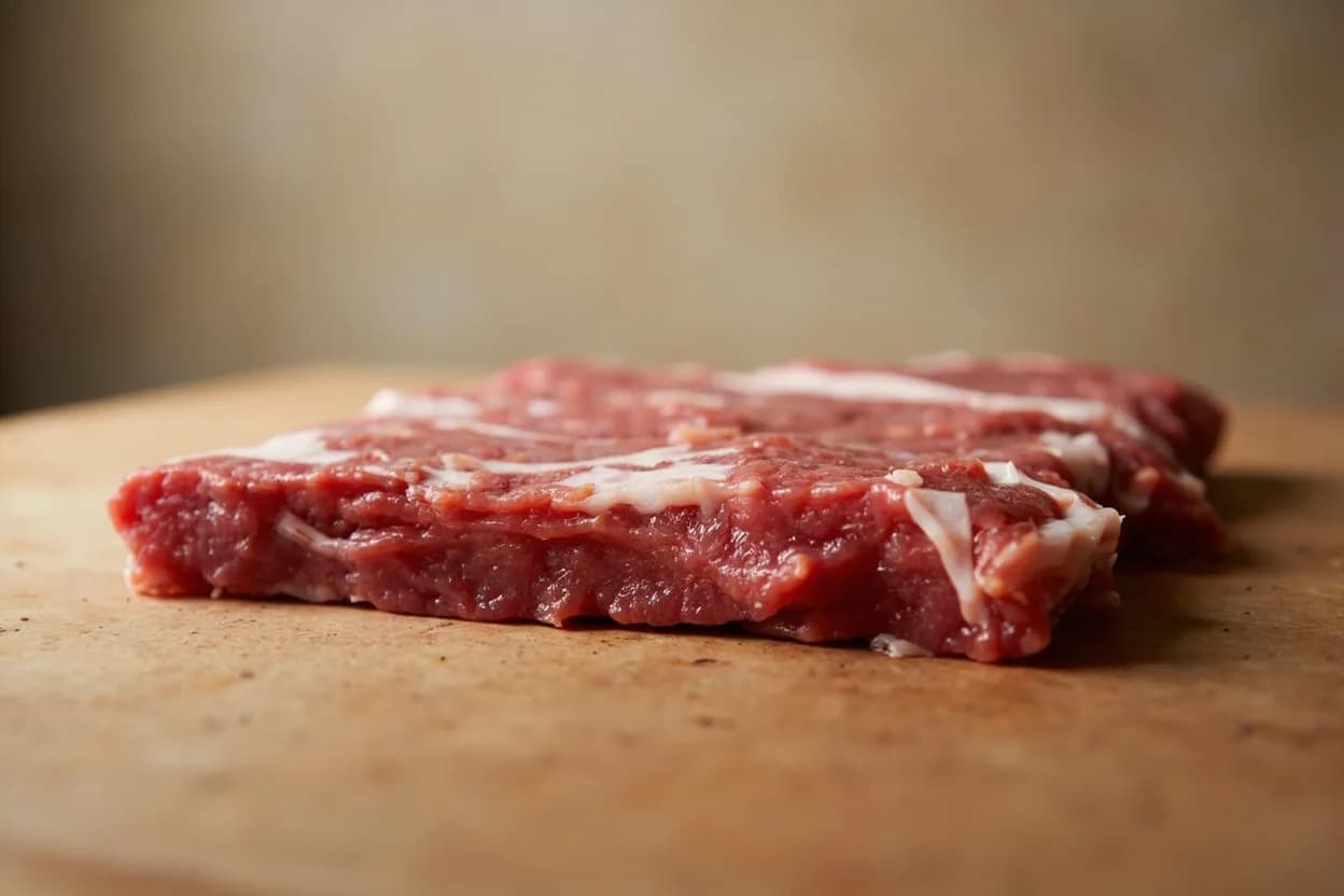 Lardons in its raw whole-cut form on a butcher's board — Lardons are uniform rectangular strips of cured pork belly (poitrine fumée), salt pork, or fatback cut from a solid slab, typically 5–8 mm square in cross-section and 2–4 cm long. Identifying traits: Cut from a slab, not pre-sliced bacon — this preserves a thicker cross-section that renders without disintegrating, Three size conventions: thin (3–4 mm square, 2–3 cm) for larding needles; standard (6–8 mm square, 3 cm) for garnish; julienne-thin for rapid frying, Salt-cured versions must be blanched before use to control salinity.