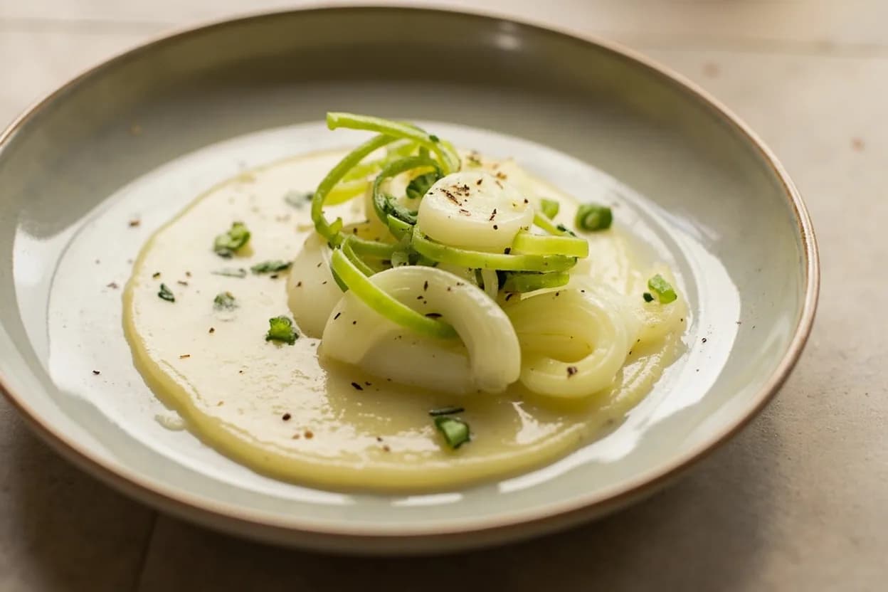 Leek Cleaning & Fine Ring Cut prepared the canonical way — Vichyssoise. Trim the root end and remove any yellowed or slimy outer leaves