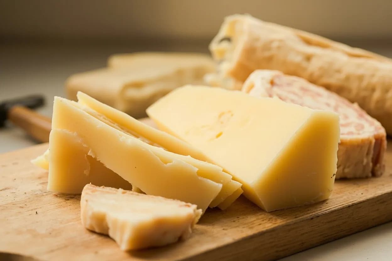 Long-Format Cheese Portioning (Comté & Gruyère) in its raw whole-cut form on a butcher's board — Long-format portioning refers to the structured breaking down of large cylindrical pressed cheeses — principally Comté (up to 70 cm in diameter, 40–55 kg) and Gruyère AOP (55–65 cm, 25–40 kg) — from … Identifying traits: Paste is smooth, firm, and finely grained — not crumbly; shatters only if mishandled, Rind is natural, grey-brown, brushed and slightly abrasive; edible but rarely eaten, Inner paste directly beneath the rind ('sous-croûte') is slightly drier and more pungent.