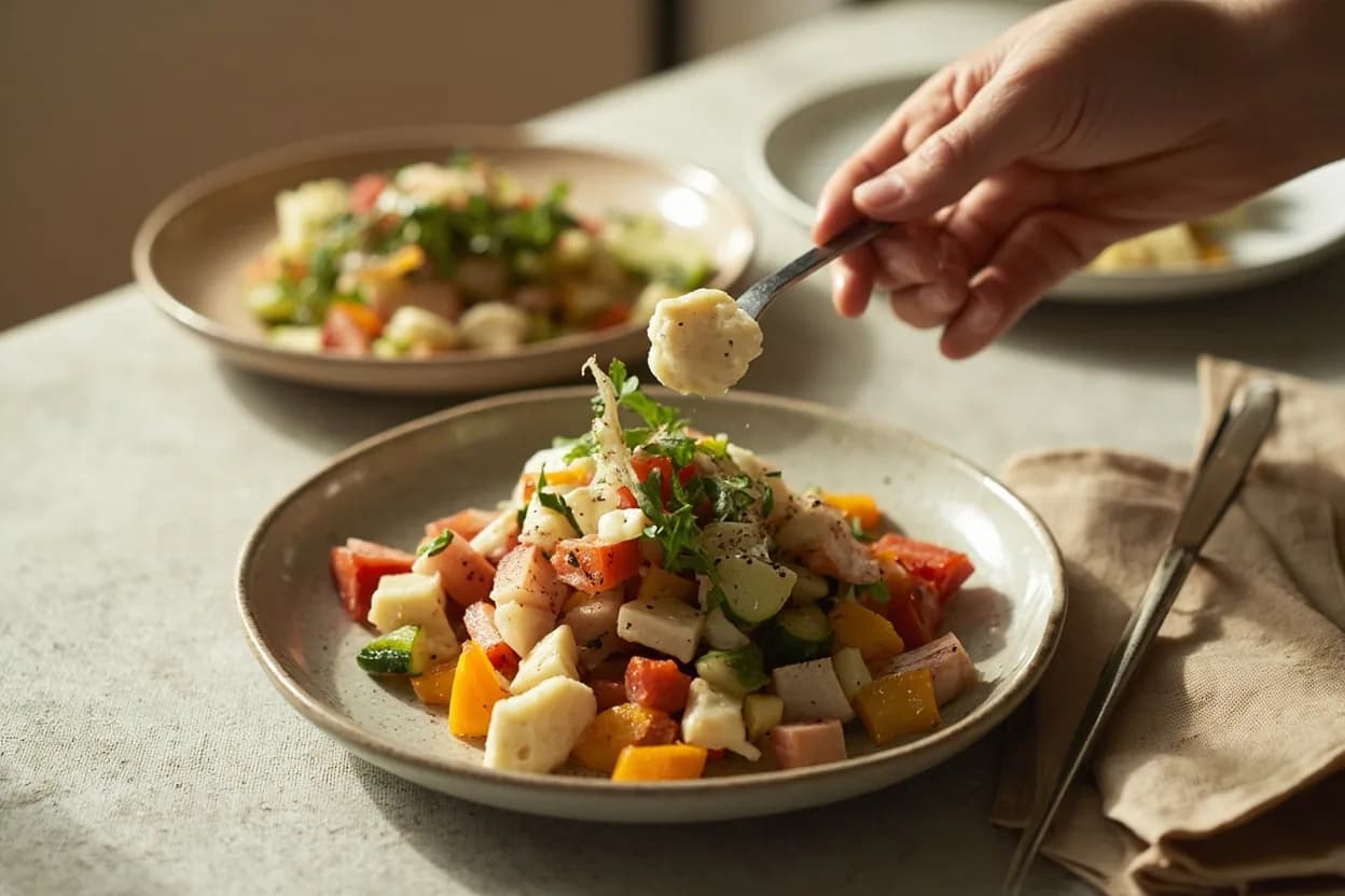Macédoine (Medium Dice) prepared the canonical way — Macédoine de légumes (French vegetable salad with mayonnaise). Square off the vegetable into a rectangular parade block using a chef's knife.