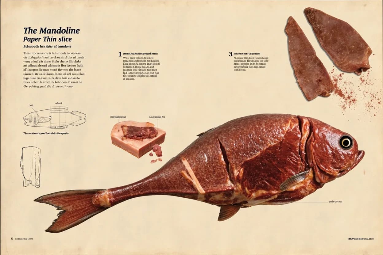 Where the mandoline — paper-thin slice technique lives on the source. Tool-based technique applicable to firm to semi-firm vegetables, tubers, fruits, and aged cheeses: potato, fennel, celeriac, turnip, beet, cucumber, apple, radish, kohlrabi, zucchini, citrus (for whe….