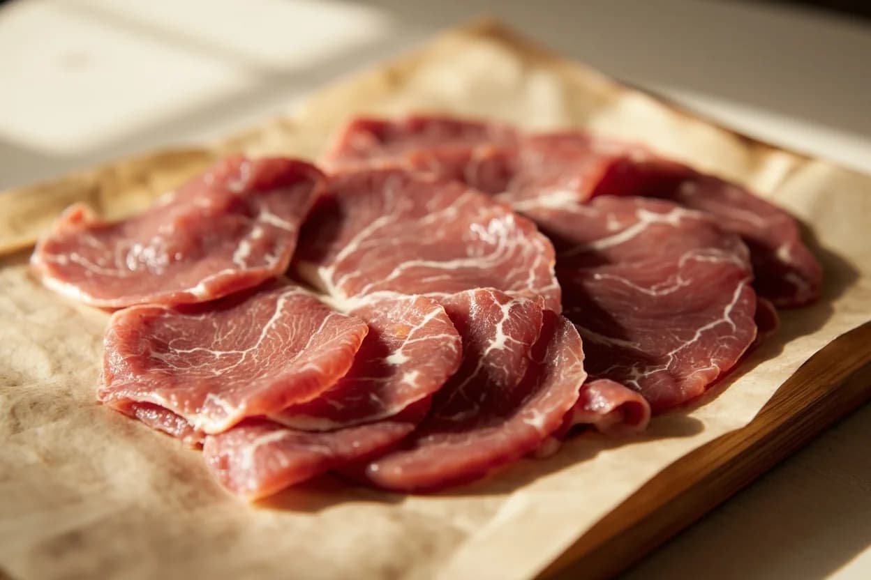 Mandoline — Paper-Thin Slice Technique in its raw whole-cut form on a butcher's board — A mandoline is a flat slicer with one or more fixed, extremely sharp blades set at an angle in a rigid frame. Identifying traits: Produces slices from 0.5 mm to ~5 mm depending on blade gap adjustment, Uniformity is the primary advantage — every slice is identical, ensuring even cooking and consistent texture, V-blade mandolines (Japanese style / Benriner) have sharper, more precise blades than older flat-blade European models.