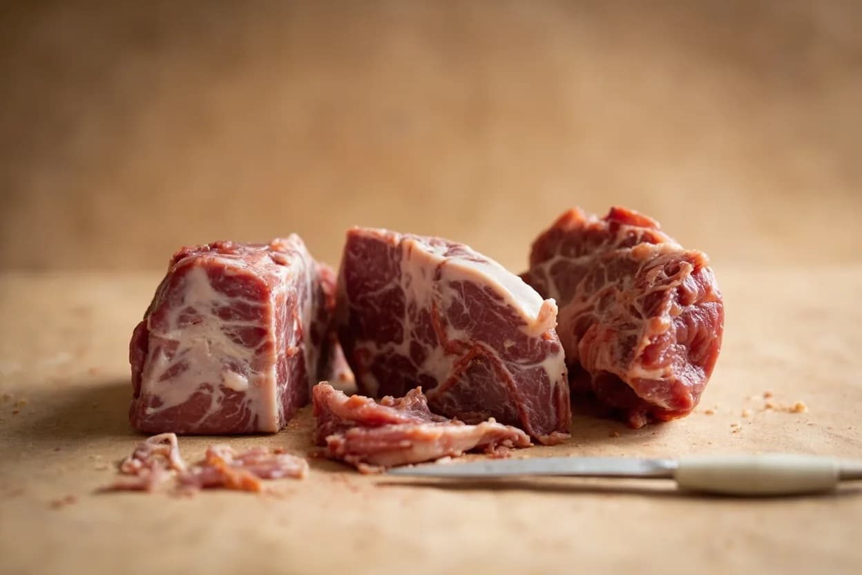 Where the matignon lives on the source. Knife-cut aromatic vegetables (carrot, celery, onion, sometimes mushroom or leek) plus jambon cru, jambon blanc, or prosciutto, all cut to matching small dice.