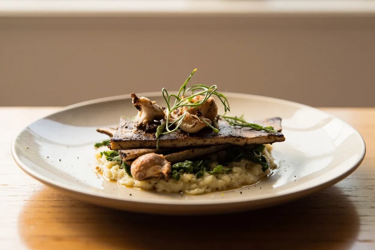 Mushroom Planks prepared the canonical way — Portobello mushroom burger. For portobello: remove stem flush with the cap (reserve stem for stock), wipe cap clean, and slice vertically downward through the crown into 1–1.5 cm slabs. Each large cap yields 2–3 planks.