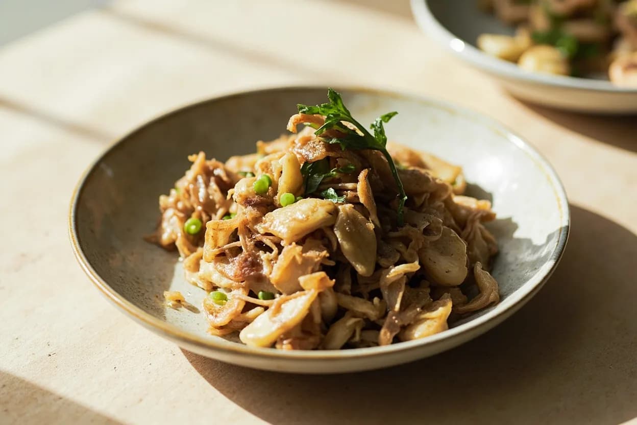 Mushroom Tear-Cut for Banchan prepared the canonical way — Beoseot bokkeum (stir-fried mushroom banchan). Wipe mushrooms clean with a damp cloth; avoid rinsing, which saturates the caps and makes tearing slipper.