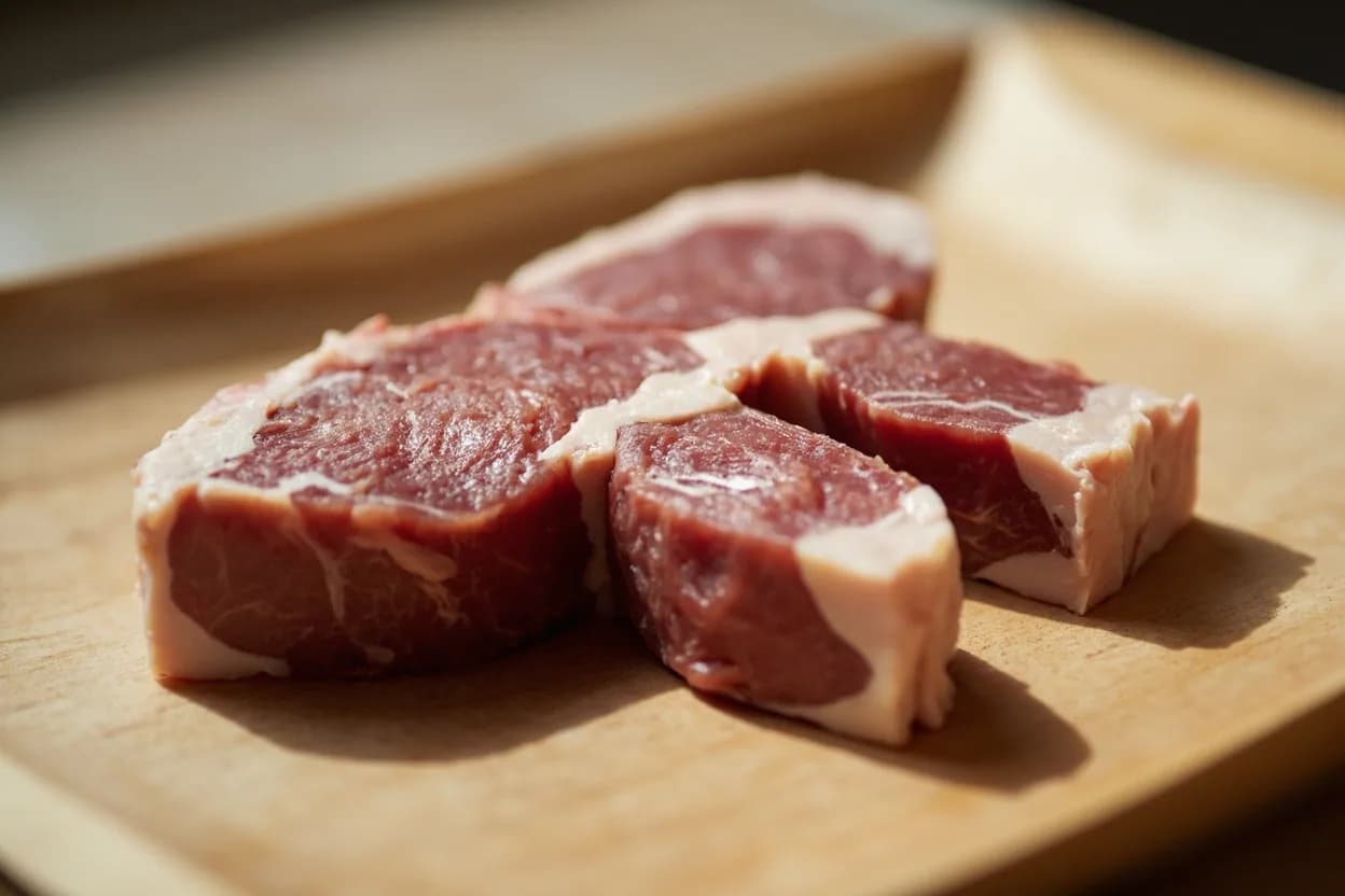 Nalli (Marrow Bone Cross-Cut) in its raw whole-cut form on a butcher's board — Nalli (Urdu/Hindi: نلی, from the root meaning 'tube' or 'pipe') refers specifically to the cross-cut sections of the femur and tibia/fibula of lamb or goat, cut perpendicular to the bone's long axis … Identifying traits: The marrow liquefies at approximately 60 °C, flowing into the cooking liquid and enriching it with fat, minerals, and gelatin precursors, The periosteum (bone membrane) dissolves over 6–8 hours of simmering, contributing body to nihari broth, Cross-sectional exposure maximises marrow surface area in contact with liquid.
