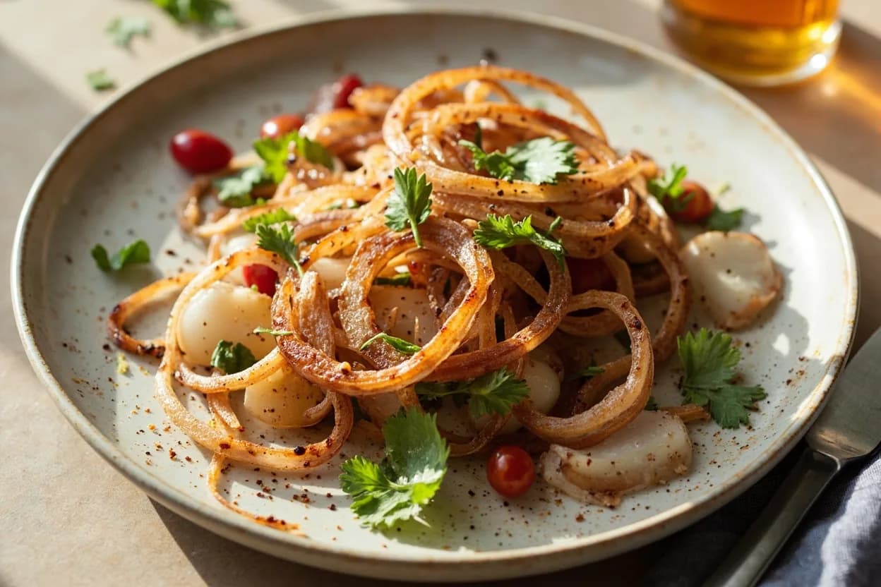 Onion — Thin Half-Moon Rings prepared the canonical way — Sumac onion salad (piyaz). Trim the stem end flat; leave the root node fully intact.