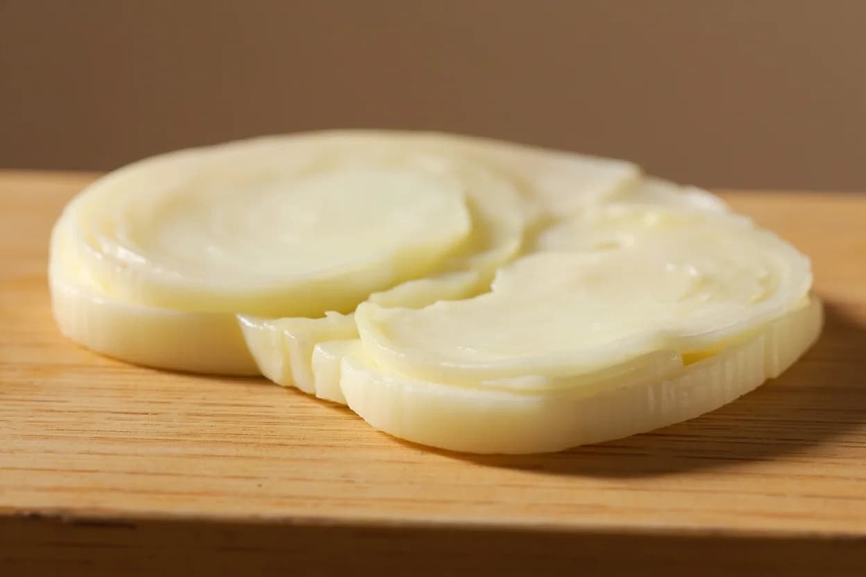 Onion — Thin Half-Moon Rings in its raw whole-cut form on a butcher's board — The onion is split longitudinally through the root and stem poles, then each half is laid flat and sliced perpendicular to the cut face, yielding a series of thin crescent-shaped rings rather than fu… Identifying traits: Crescent shape that lies flat rather than forming full rings, Root-intact slicing keeps layers coherent during the knife pass, With-grain orientation ruptures fewer sulfur cells than across-grain, yielding milder bite raw.