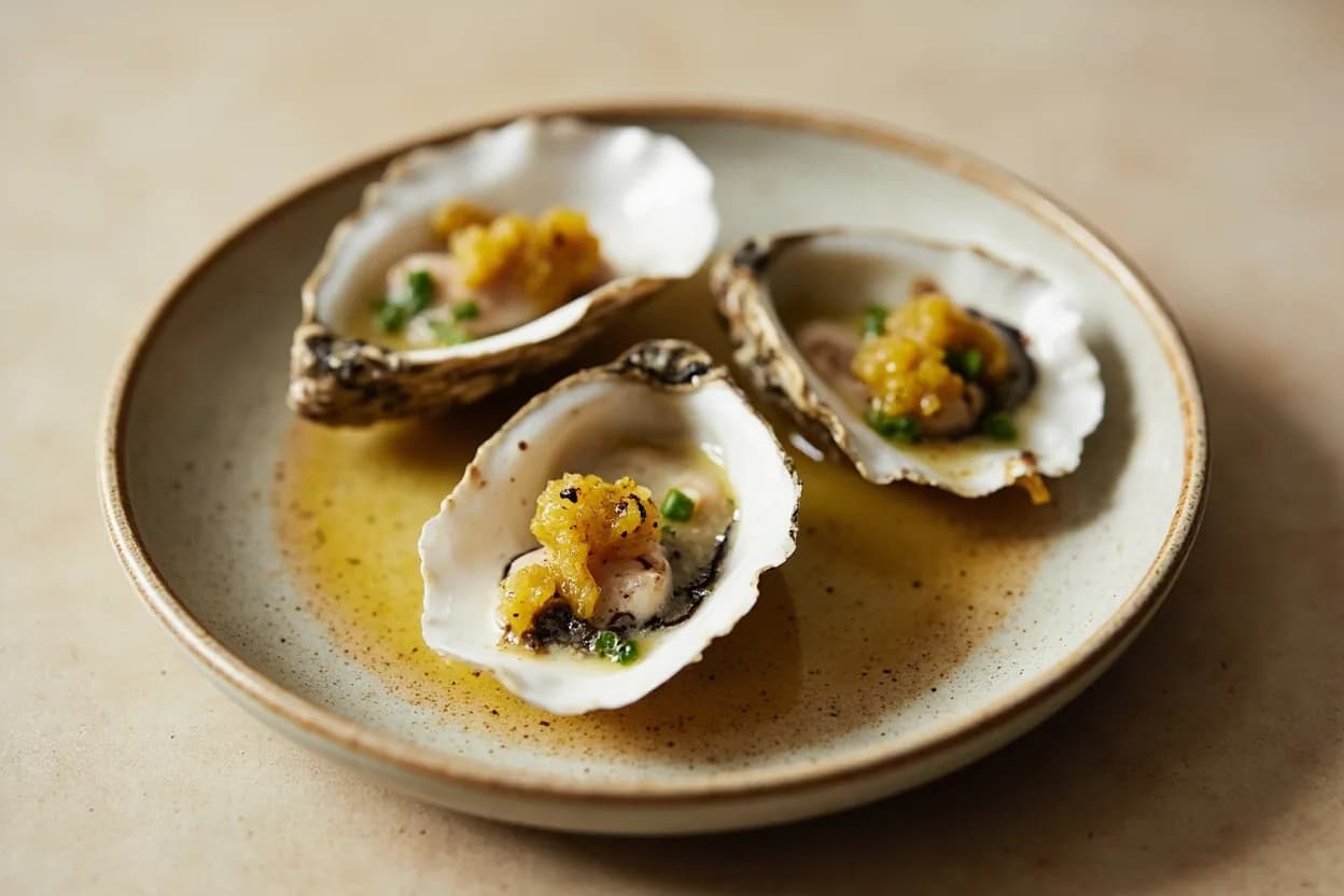 Oyster Shucking Technique prepared the canonical way — Oysters Rockefeller (American, New Orleans — broiled in shell with herb butter). Fold a heavy kitchen towel into a thick pad and lay it on a stable surface; place the oyster cup-side down in the towel, pointed hinge end facing you. Grip firmly with the towel-wrapped hand.