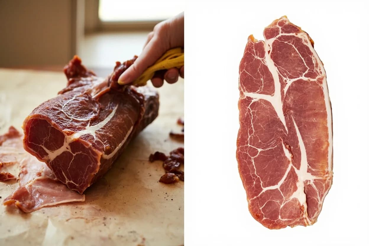 Where the pancetta tesa vs. arrotolata lives on the source. Pork belly (ventre/pancetta in Italian) — the ventral section of the pig carcass running from the base of the rib cage to the flank.