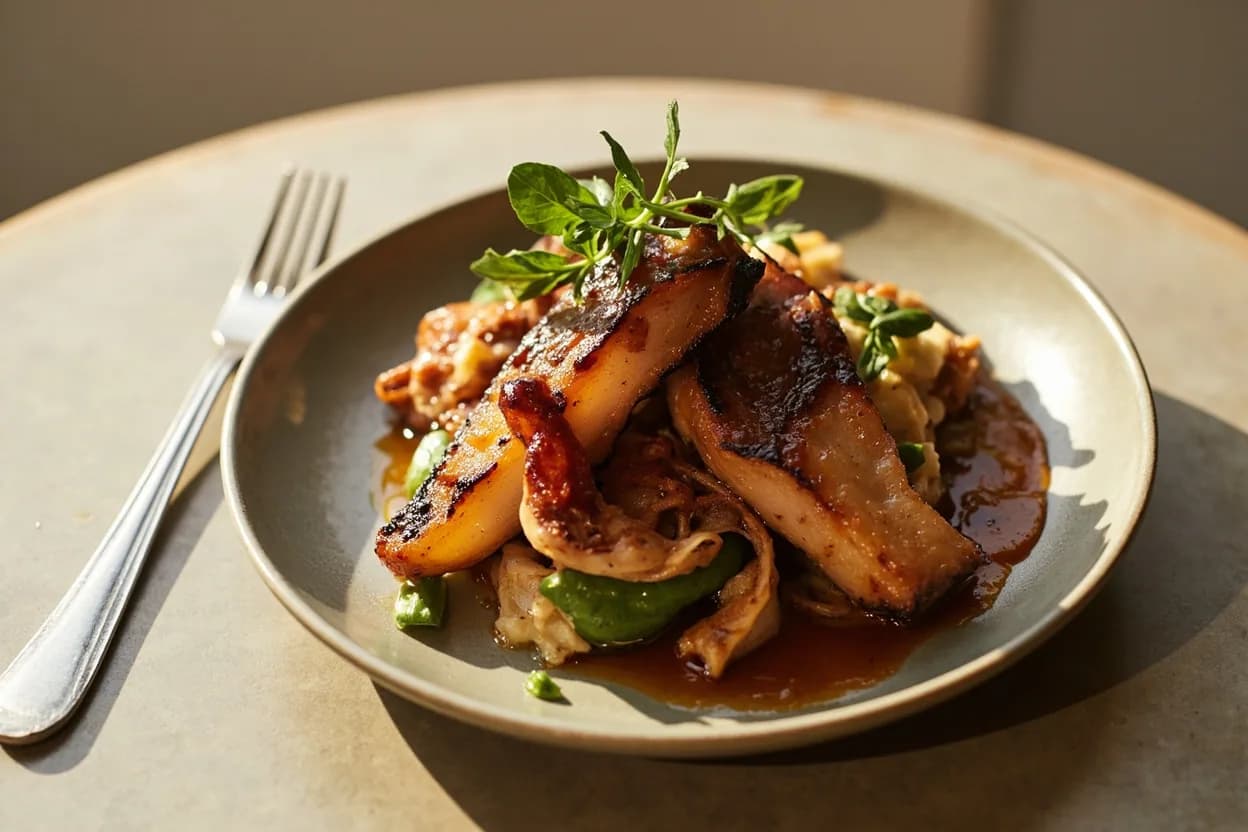 Pluma Ibérica prepared the canonical way — Pluma ibérica a la plancha con piquillos. Temper the pluma at room temperature for 20–30 minutes before cooking — its thinness means a cold centre cooks unevenly.