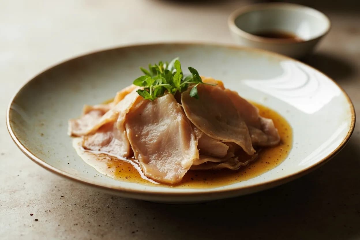 Pork Belly Thin-Slice for Hot Pot prepared the canonical way — Japanese shabu-shabu. Freeze the belly slab completely solid — at least 4 hours in a domestic freezer or 1–2 hours in a blast chiller. The slab must be rigid enough that the slicer blade does not compress the layers as it cuts.