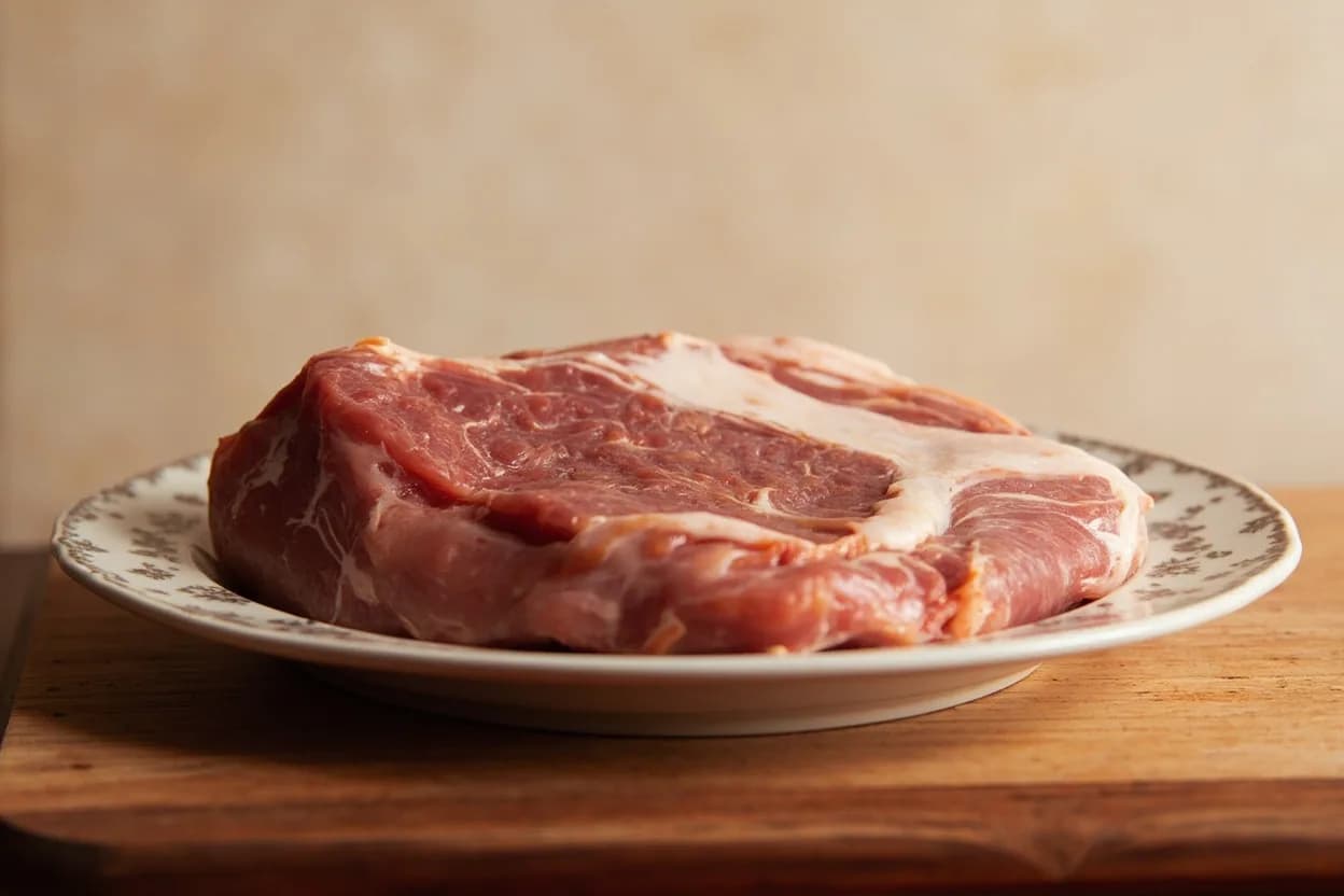 Pork Primal Cuts (Western) in its raw whole-cut form on a butcher's board — Western pork butchery divides a dressed hog carcass (typically 150–200 lb hanging weight) into five primal regions using straight crosscuts and seam separations. Identifying traits: Shoulder: heavily worked muscles, high collagen, excellent for braising and low-and-slow BBQ, Loin: longest, leanest primal running T-bone to sirloin analog; source of chops, tenderloin, and back ribs, Belly: layered fat and lean; the richest primal by fat content.