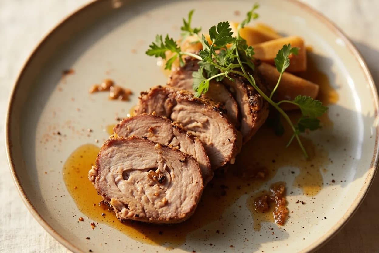 Pork Tenderloin vs. Loin Chop prepared the canonical way — Pork tenderloin Wellington. Tenderloin — whole roast: sear all sides in oil over high heat (2 min per side), transfer to 425°F (220°C) oven for 12–15 min until internal temp reaches 140–145°F (60–63°C). Rest 5 min; slice across the grain into medallions 1.5 inches thick.