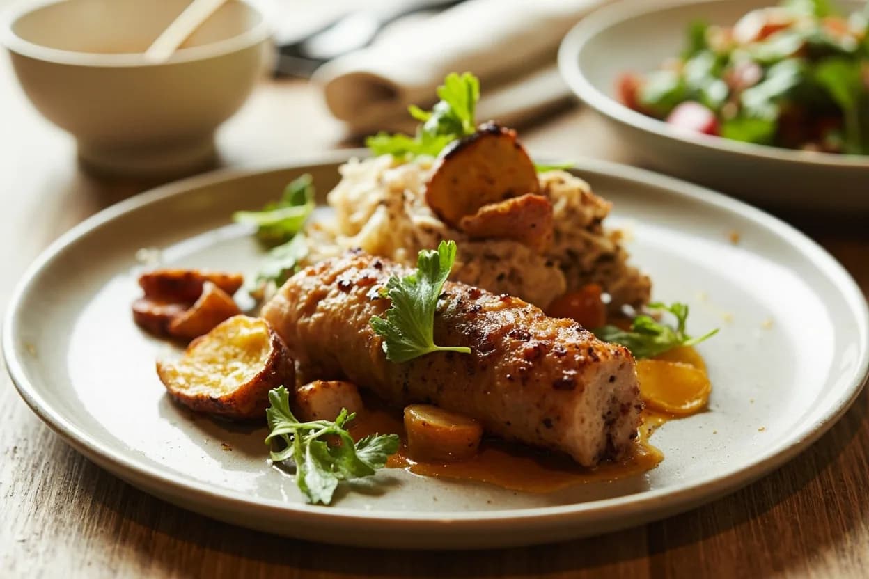 Poultry Ballotine Preparation prepared the canonical way — Chicken ballotine with mushroom duxelles. Lay the boned leg skin-side down on a board; pound any thick spots gently to even thickness.