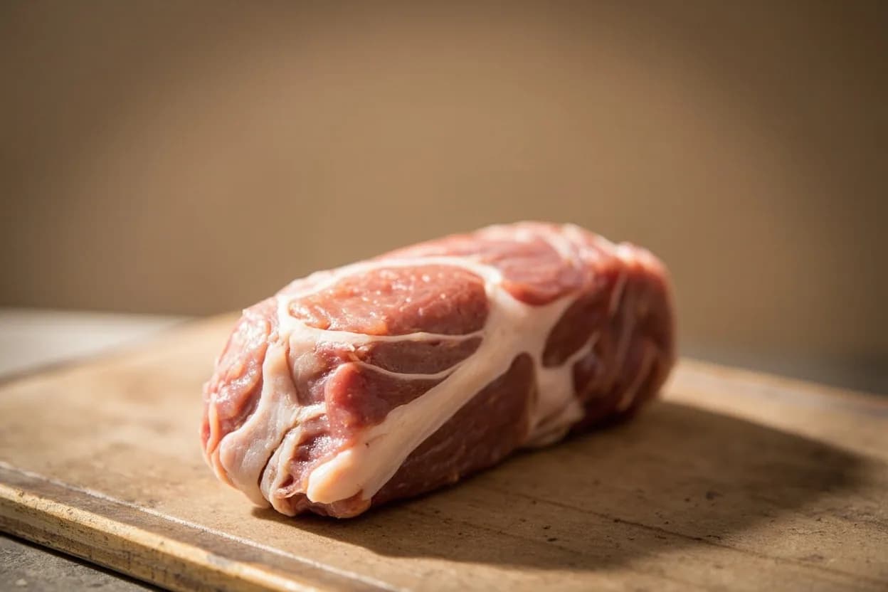 Poultry Ballotine Preparation in its raw whole-cut form on a butcher's board — A ballotine is a whole poultry leg (or occasionally a whole bird) from which all bones have been removed while leaving the skin and meat intact as a single sheet. Identifying traits: Self-basting due to skin wrapped around exterior, Uniform cylindrical shape ensures even cooking and elegant presentation, Stuffing extends yield and adds flavor contrast (herbed, mushroom duxelles, sausage, or truffle).
