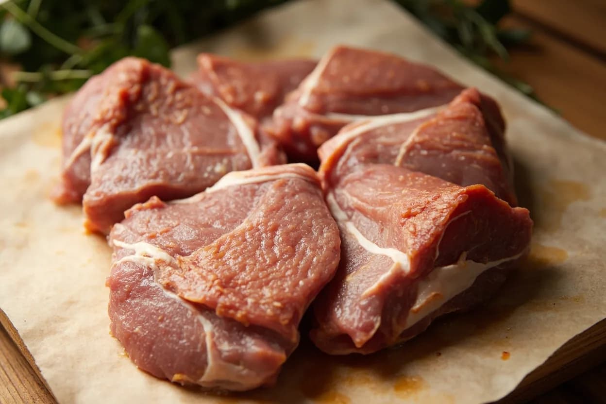 Poultry Breakdown — 8-Piece & 10-Piece in its raw whole-cut form on a butcher's board — The standard whole-chicken cut-up produces either 8 pieces (2 drumsticks, 2 thighs, 2 breast halves, 2 wings) or 10 pieces (same plus each breast half split crosswise into 2, giving 4 breast portions… Identifying traits: 8-piece is the American standard for fried chicken, 10-piece better equalizes cook time when using a single cooking method for all pieces, Thigh-drumstick separation reveals the hip socket — find the joint by flexing, not by guessing.