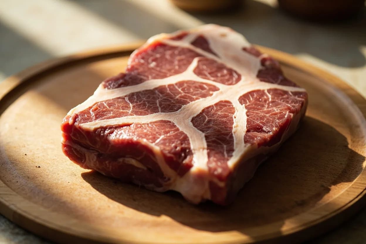 Presa Ibérica in its raw whole-cut form on a butcher's board — Presa ibérica is a single, roughly triangular muscle separated from the upper-anterior portion of the Ibérico pig's shoulder (paleta/espalda) where it meets the neck. Identifying traits: Dense, deep-red flesh with visible white fat threads running through the grain, Rich, nutty aroma when raw, intensifying dramatically during high-heat searing, Short muscle fibres allow slicing against or with the grain without toughening.