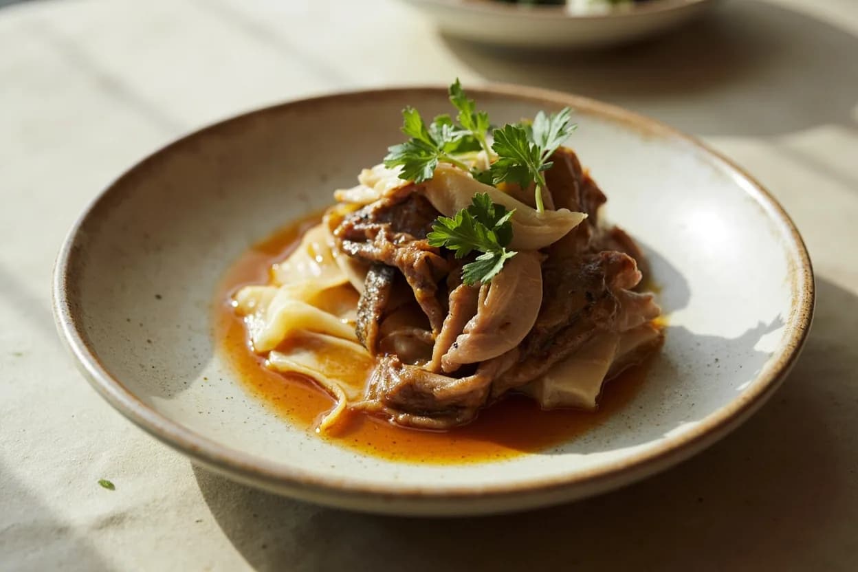 Rangiri / Oblique Roll Cut prepared the canonical way — Nikujaga (Japanese meat and potato stew). Hold the vegetable on the board with your non-knife hand and angle your knife blade at approximately 45° to the vegetable's long axis.