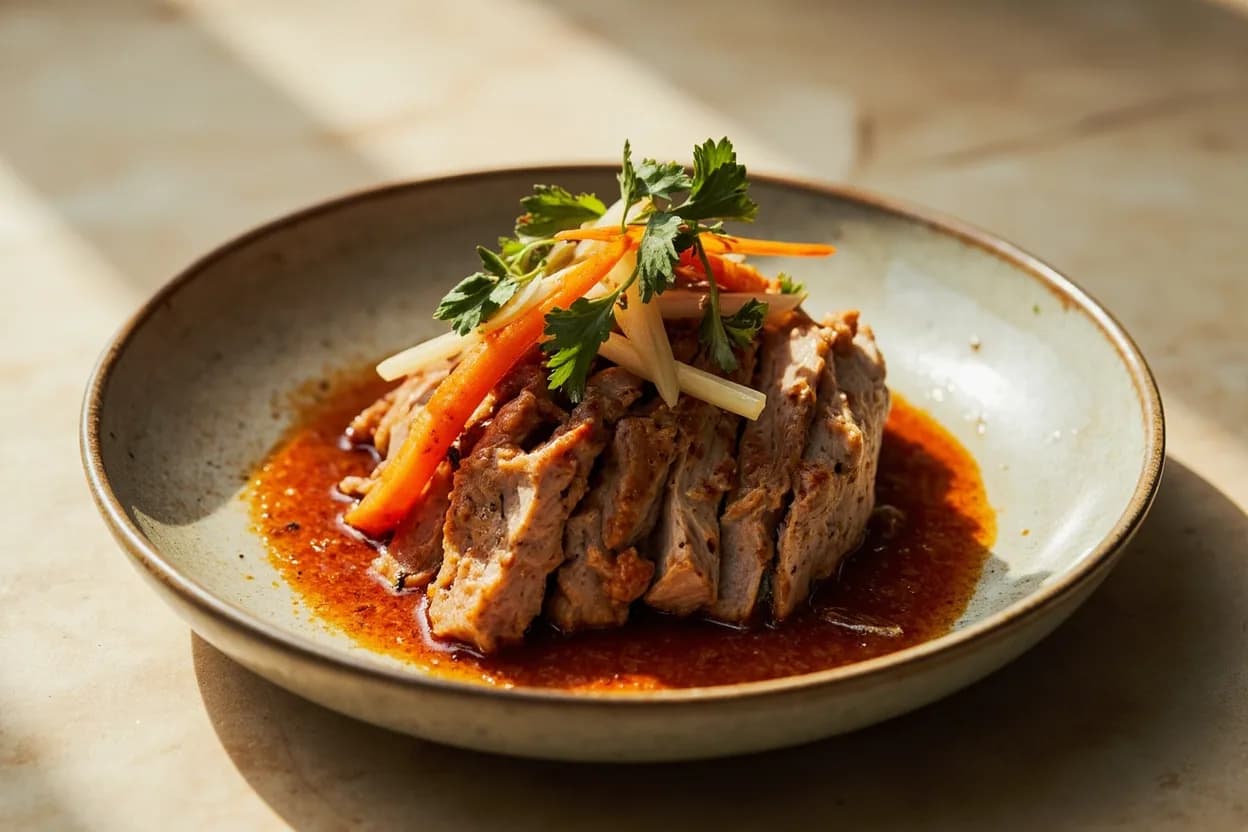 Roll Cut / Oblique Cut (Chinese Gun Dao Qie / Lob Gok) prepared the canonical way — Hong shao rou with daikon (red-braised pork belly and radish). Peel the vegetable and cut off any tapered tip at a clean 45-degree angle to establish the first face.