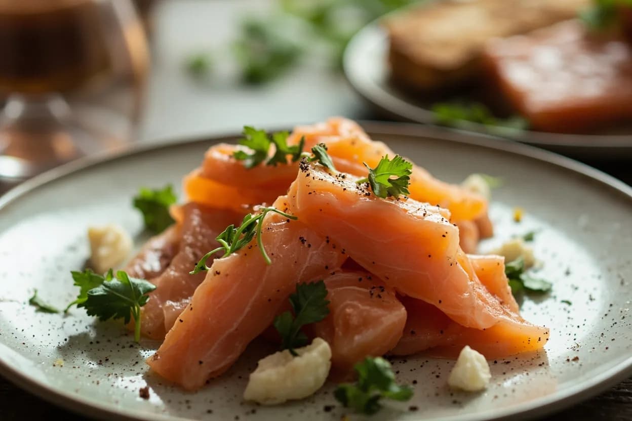 Salmon Gravlax Slice (Garnish Manger Context) prepared the canonical way — Gravlax with mustard-dill sauce (gravlaxsås). Ensure the gravlax or smoked salmon side is well-chilled (2–4°C); a cold side is firmer and the flesh does not compress or smear under the blade.