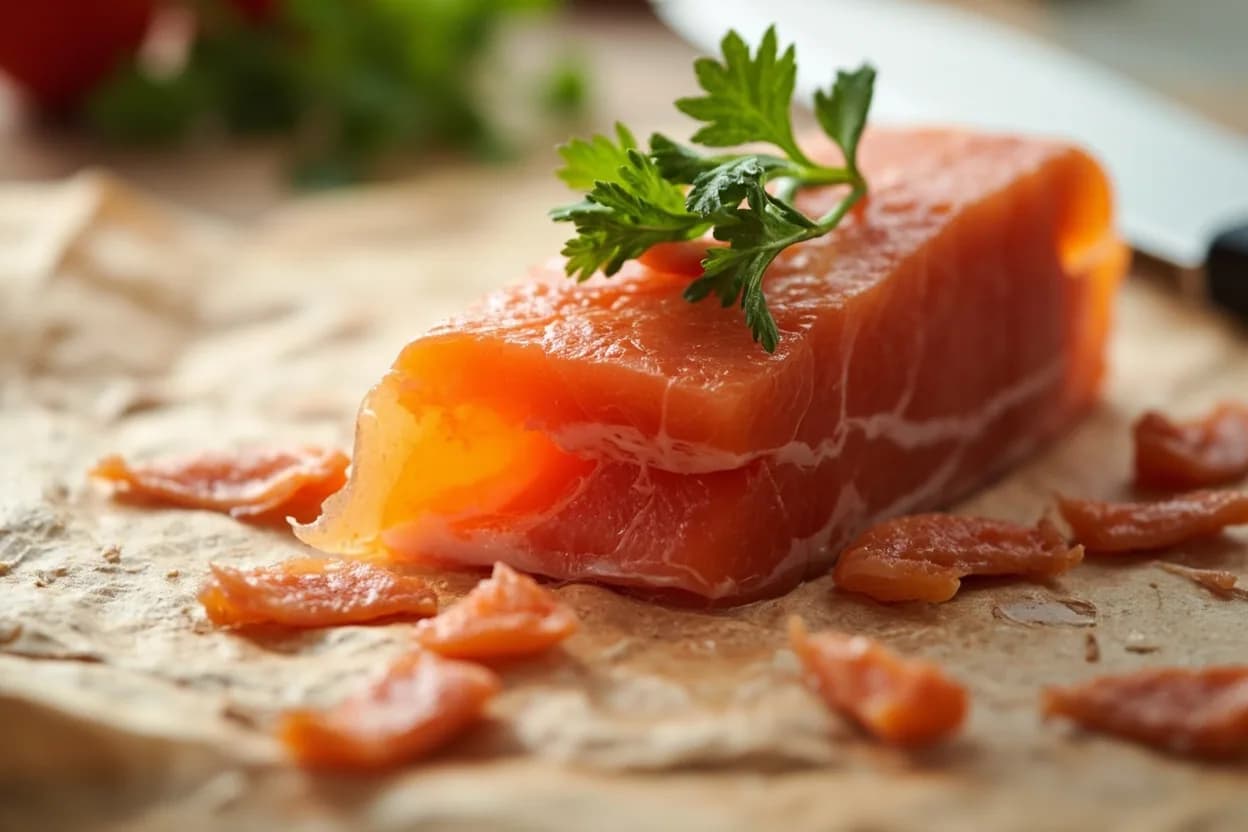 Where the salmon gravlax slice (garnish manger context) lives on the source. The side of an Atlantic or Pacific salmon that has been cured for 24–72 hours in a salt-sugar-dill mixture (gravlax) or cold-smoked.