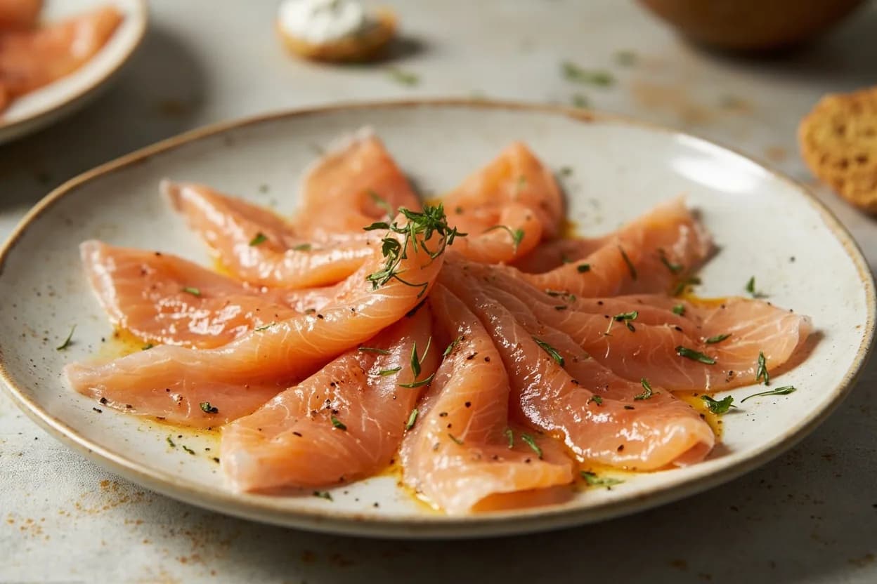 Salmon Gravlax Slice Technique prepared the canonical way — Gravlax with mustard-dill sauce. Chill the cured fillet thoroughly (near 0 °C) before slicing — cold flesh firms the fat and holds shape under the knife.