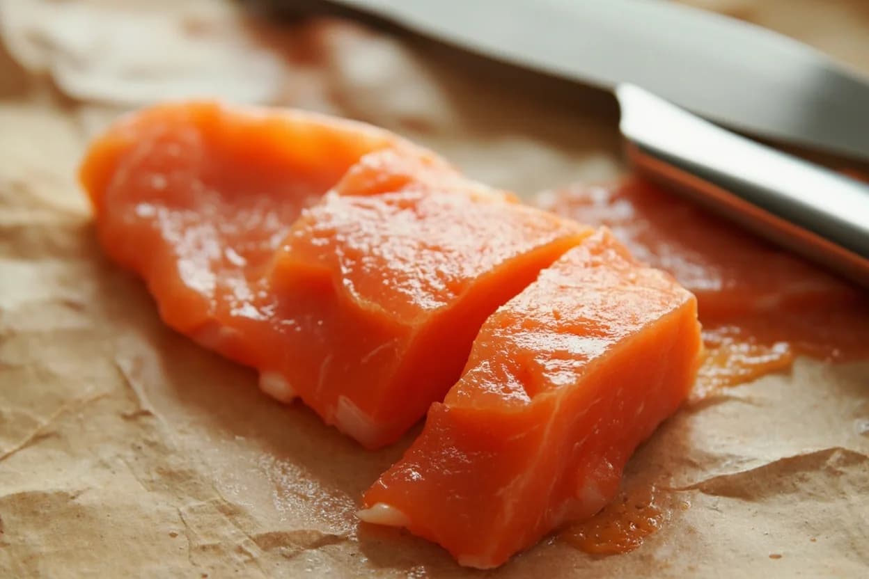Where the salmon gravlax slice technique lives on the source. Applied to a skin-on cured salmon fillet (gravlax) or cold-smoked side.