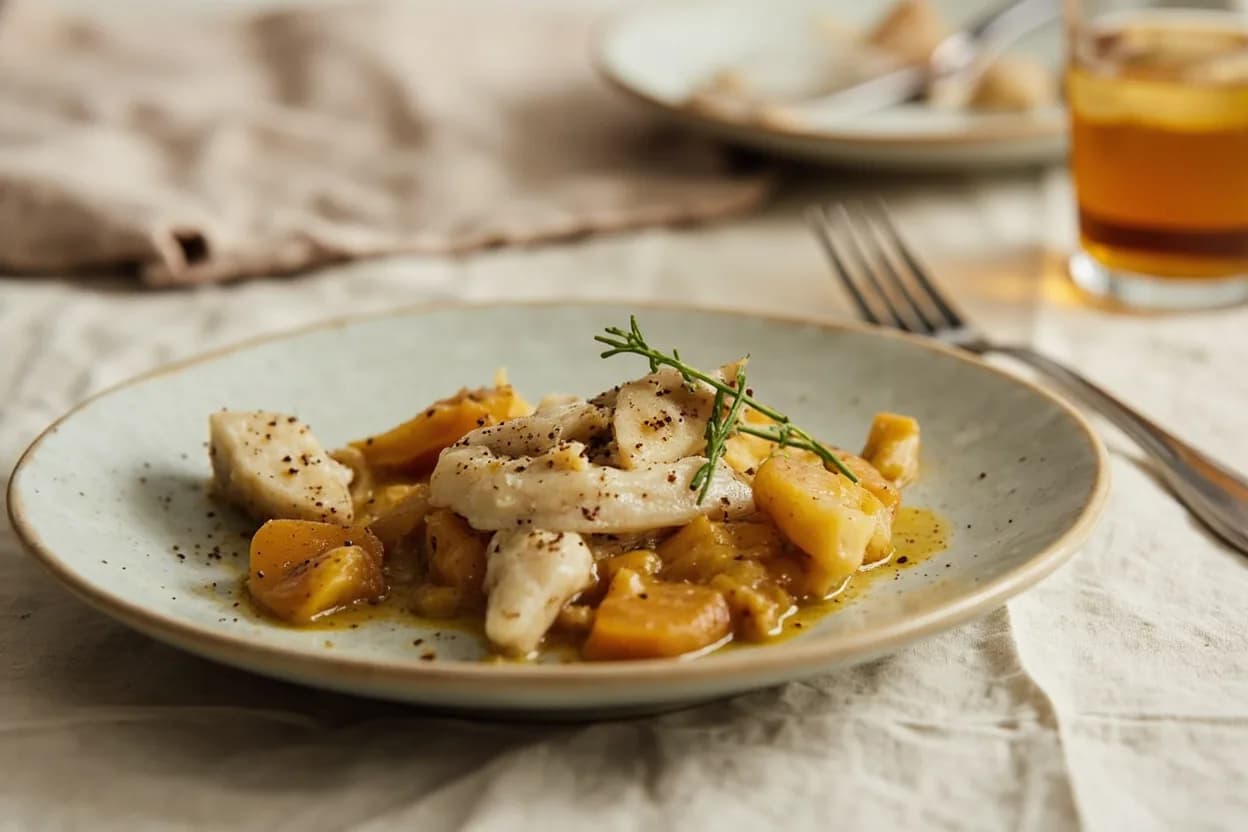 Salt Cod — Soaking & Pre-Portioning prepared the canonical way — Bacalao al pil-pil (Basque). Begin 24–48 hours before cooking. Rinse the salt cod briefly under cold running water to remove surface salt.