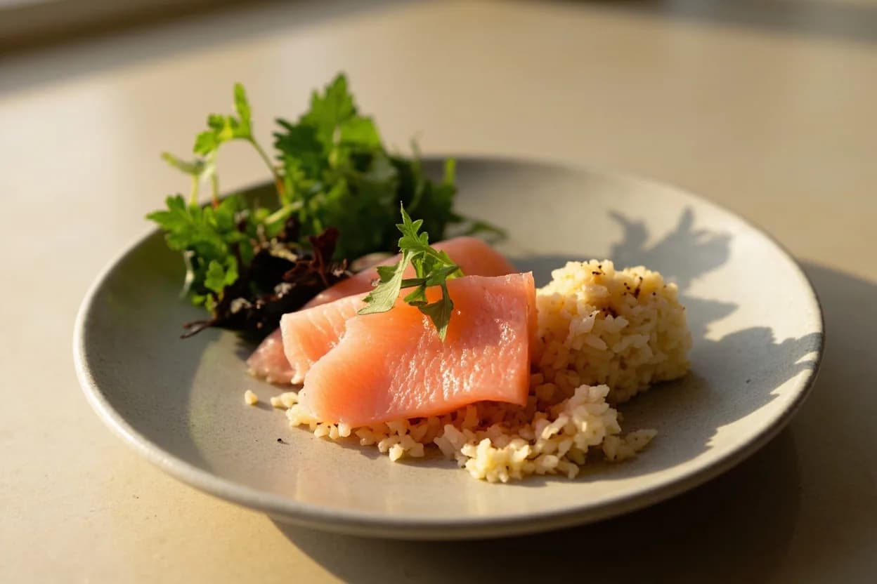 Sanmai Oroshi (Three-Piece Fish Breakdown) prepared the canonical way — Aji no tataki (minced horse mackerel with ginger and scallion). Scale and gut the fish. Rinse the cavity clean of blood and membranes; dry the outside thoroughly.