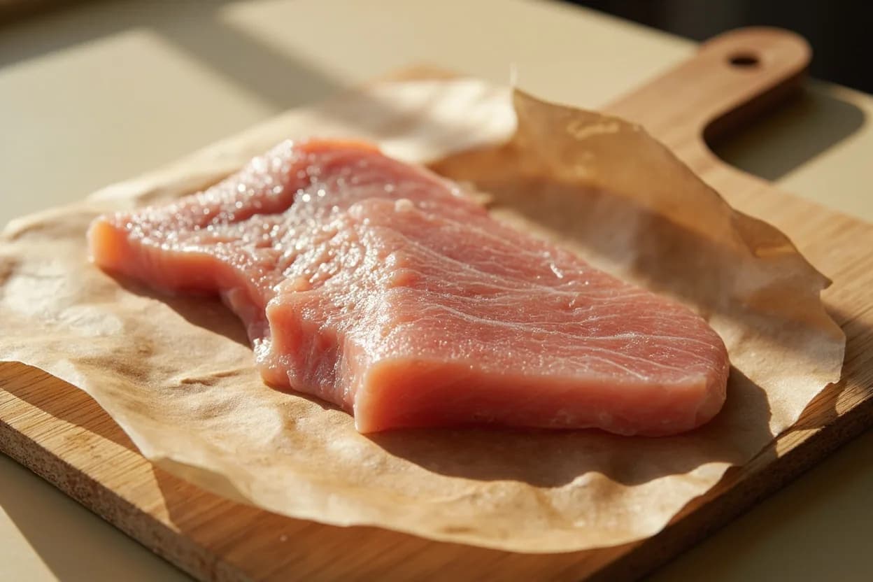 Sanmai Oroshi (Three-Piece Fish Breakdown) in its raw whole-cut form on a butcher's board — Sanmai oroshi (三枚おろし, literally 'three-sheet disassembly') is the standard Japanese technique for fabricating round fish into two fillets and the backbone frame. Identifying traits: Two bilaterally symmetric fillets of equal size and shape, The nakagone (backbone frame) retains minimal flesh when technique is precise, Clean-cut edges with no ragged flesh or torn muscle fibers.