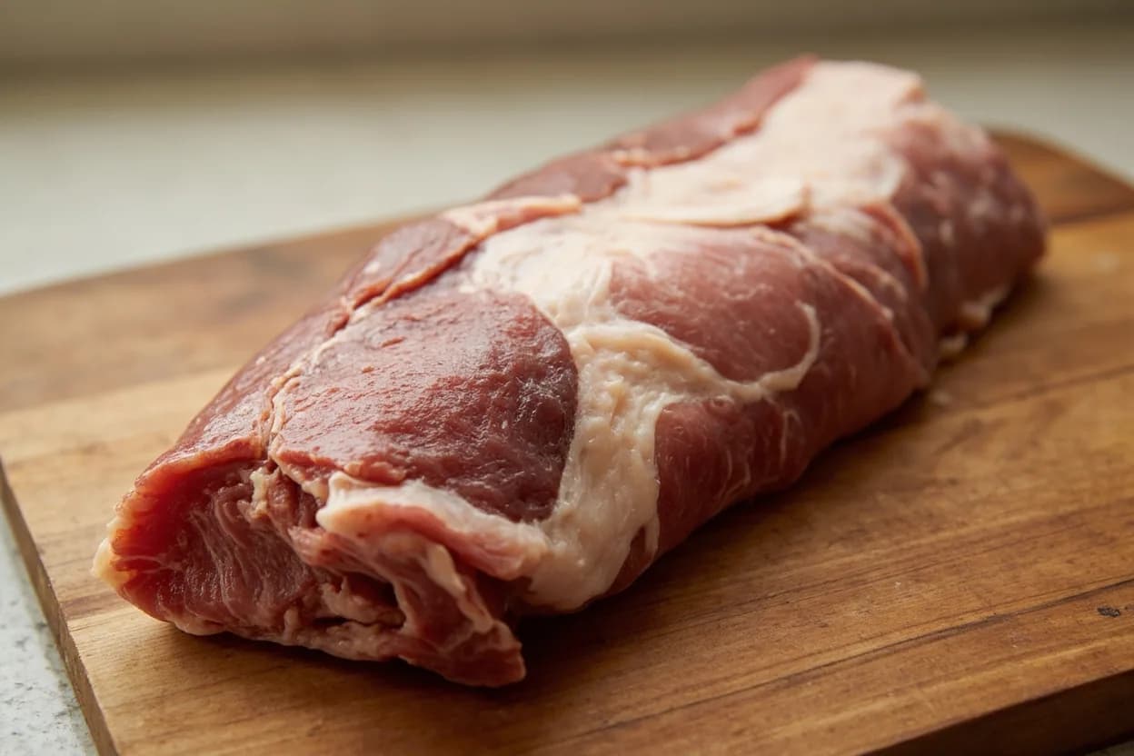 Secreto Ibérico in its raw whole-cut form on a butcher's board — The secreto ibérico is a flat, broad muscle seam located between the scapula (shoulder blade) and the thick layer of external fat (tocino) that covers the Ibérico pig's dorsal shoulder. Identifying traits: Broad, flat muscle sheet, approximately 1–2 cm thick when raw, 20–30 cm across, Marbling pattern is web-like and visible across the entire face of the cut, Grain runs in multiple directions — slice across the dominant grain for tenderness.