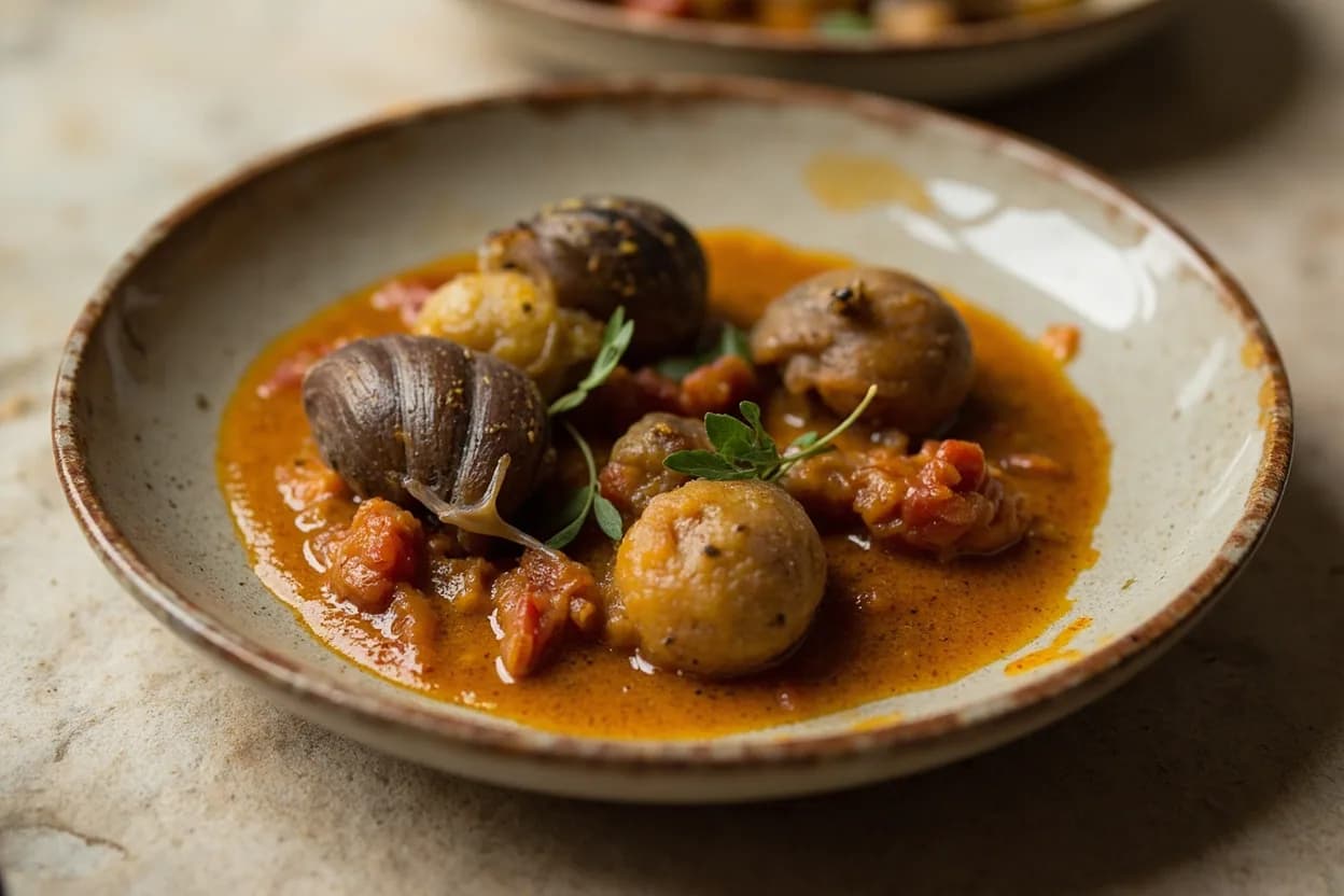 Snail Preparation & Slicing prepared the canonical way — Igbin stew (Yoruba snail pepper sauce). Crack the shell by tapping the pointed apex sharply on a hard surface, then use a knife to break away shell fragments without piercing the meat below.