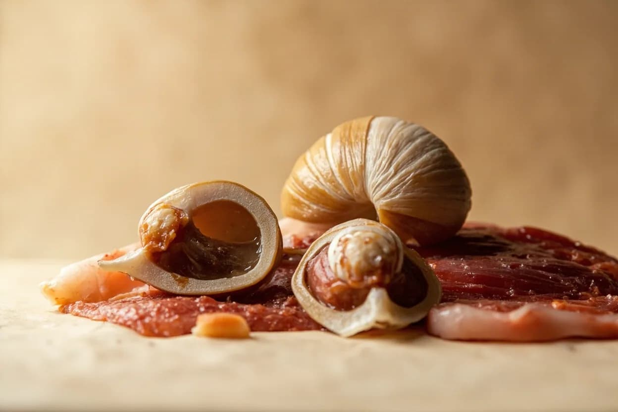 Where the snail preparation & slicing lives on the source. The foot (columellaris muscle) of the snail — the large, flat, locomotion muscle that extends from the shell opening — is the primary eating muscle.