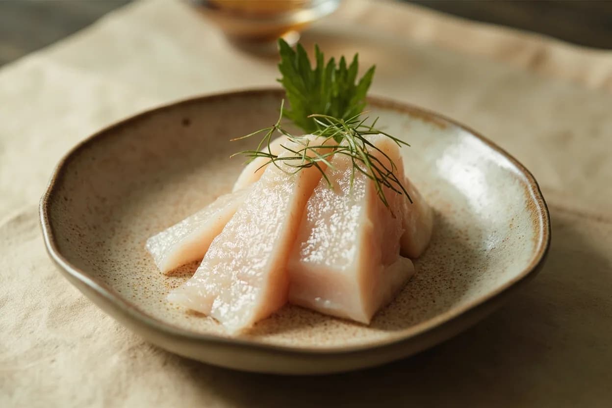 Sogigiri (Diagonal Bias Slice) prepared the canonical way — Tai no sashimi (sea bream sashimi). For fish sashimi (hirazukuri): chill the fillet until firm. Place skin-side down, angled slightly away from you. Lay the yanagiba nearly flat against the fillet surface at 30–45° and draw the full length of the blade smoothly toward you in one stroke — never push or saw.